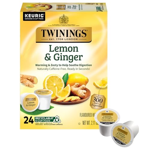 Twinings Lemon & Ginger Herbal Tea K-Cup Pods for Keurig, 24 Count (Pack of 1), Naturally Caffeine-Free, Enjoy Hot or Iced | Packaging May Vary