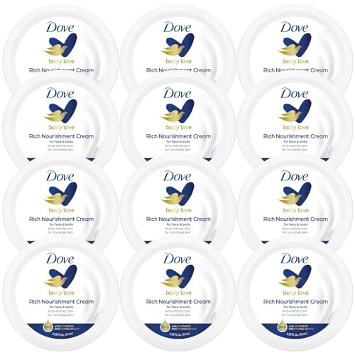 Dove Body Love Rich Nourishment Cream, Face, Hand & Body Lotion for Extremely Dry Skin, Fast-Absorbing 72-Hour Moisturizing Cream with Ceramide Serum, Travel Size, 2.53 Oz (Pack of 12)