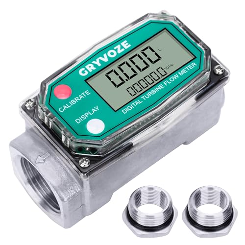 1 Inch Digital Turbine Fuel Flow Meter, 2.6-26 GPM Inline NPT Thread Flowmeter with 3/4 in Adapters for Water, Diesel, Gas Oil, Gasoline, and Other Liquids - Supports Gallon, QTS, PTS, L, m³