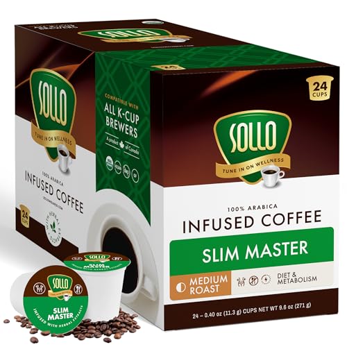 SOLLO Organic Slim Coffee Pods, Medium Roast, Low Acid, Diet-Support, Slim, Single Serve Pods, Compatible With 2.0 K-Cup Keurig Brewers, 24 K Cup