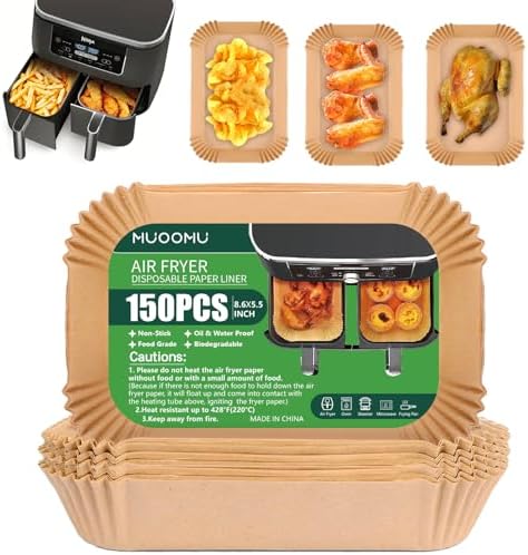 Air Fryer Disposable Paper Liners for Ninja Dual Airfryer Accessories, Non-Stick Parchment Rectangular for Baking, Oil Proof, Water Proof, for Microwave Oven (150PCS, 8.6in x 5.5in）