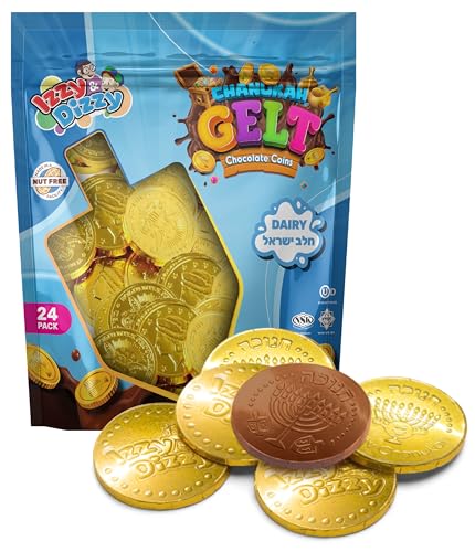 Izzy 'n' Dizzy Hanukkah Gelt Chocolate Coins, Kosher Milk Chocolate Coins Nut Free Dairy, Menorah Embossed Hanukkah Chocolate Gelt (Pack of 25)