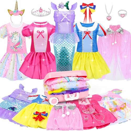 16 Pcs Princess Dress Up Clothes for Little Girl Set, Princess Pretent Play Outfit Toys for Toddler Girls, Cosplay Birthday Party Gifts for Girls Age 3 4 5 6 7 8+ Year Old