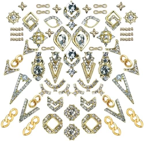 62pcs Golden Alloy Nail Charms Bulk Luxury Rhinestones Charms for Nails Metal 3D Gold Nail Art Gems Crystals Diamonds Jewelry Stones Studs Nail Art Supplies Decor for Acrylic Nails Crafts DIY