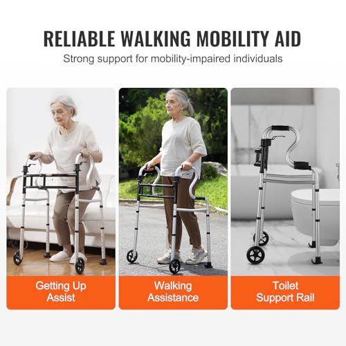 VEVOR Folding Walker on Wheels, 3-in-1 Stand-Assist Folding Walkers with Adjustable Height and Width, Lightweight Aluminum | Front Wheeled Mobility Aid for Elderly Handicapped Disabled, Up to 350LBS