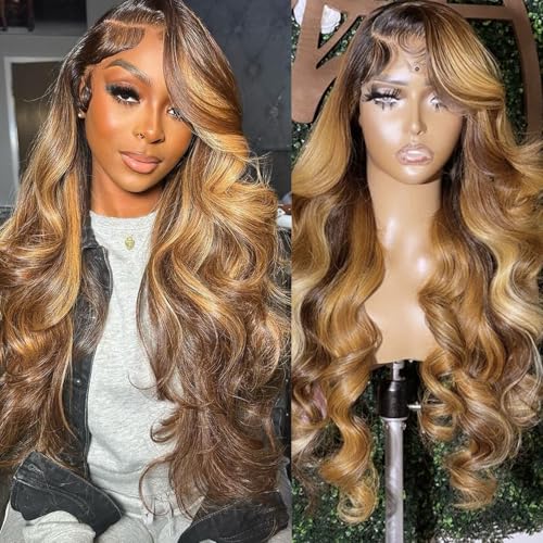 26 Inch 13×4 Ombre Lace Front Wig Human Hair 200% Density Transparent HD Balayage Highlight Lace Front Wig Human Hair Pre plucked Body Wave Highlight Wig Human Hair Brown Mixed Blonde