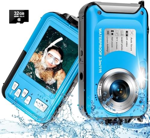 4K Waterproof Camera with 32GB Card 11FT Floatable Digital Camera 56MP Autofocus Waterproof Digital Camera 16X Compact Underwater Cameras for Snorkeling with 1250mAh Battery