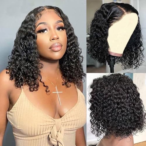 Wear and Go Glueless Wigs Human Hair Pre Plucked Pre Cut Deep Wave Curly Bob Wig Human Hair Lace Front Wigs for Black Women 4x4 Lace Closure Human Hair Bob Wigs Glueless 8 Inch