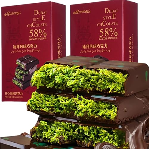 2Pcs Dubai Dark Chocolate Bar Pistachio, Pure Handmade Individually Wrapped Luxury Rich Chocolates Candy Snacks, Famous Crispy Kunafa with Pistachio Cream Paste Filling, Gourmet Dessert Gift, 4.94 Oz