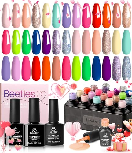Beetles Spring Gel Nail Polish Set 23Pcs Pastel Bright Colors Gel Polish Kit Red Hot Pink Neon Gel Polish with Base Gel Top Coat Soak Off Uv Led Nail Gel Valentines Day Gifts for Women