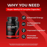 Methylated B Complex Vitamin Supplement - Bioactive Methyl B Complex with 5-MTHF Methyl Folate & B12 Methylcobalamin for Brain Heart Energy & Homocysteine Support - Super Vitamin B Complex - 60 Caps