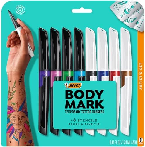 BODYMARK Temporary Tattoo Markers, 8-Count Artist's Set, Mixed Brush Tips, Assorted Colors, Skin-Safe & Cosmetic Quality, Cruelty-Free, Long Lasting, Stencils Included