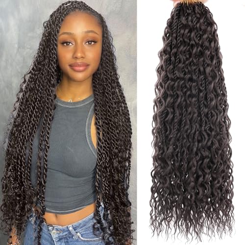 18 Inch Boho Island Twist Crochet Hair 9 Packs Dark Brown Senegalese Twist Crochet Braids with Curls Pre Looped Goddess Bohemian Twist Crochet Braids for Black Women Braiding Hair Extension 4#