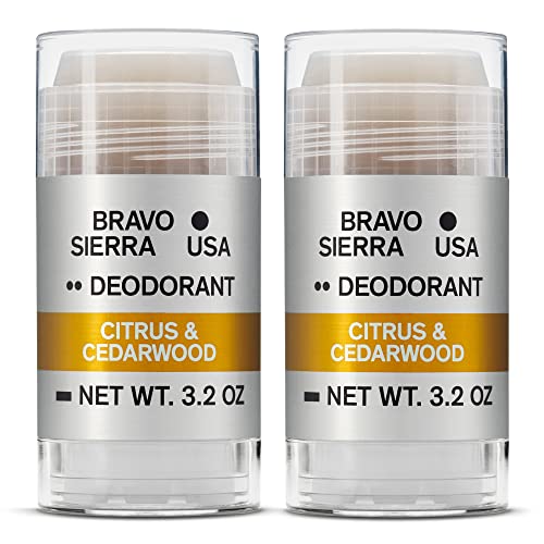 Aluminum-Free Deodorant for Men by Bravo Sierra, 2-Pack - Contains Natural Ingredients – Long Lasting Odor and Sweat Protection - Citrus & Cedarwood, 3.2 oz - Paraben-Free, Vegan & Cruelty-Free