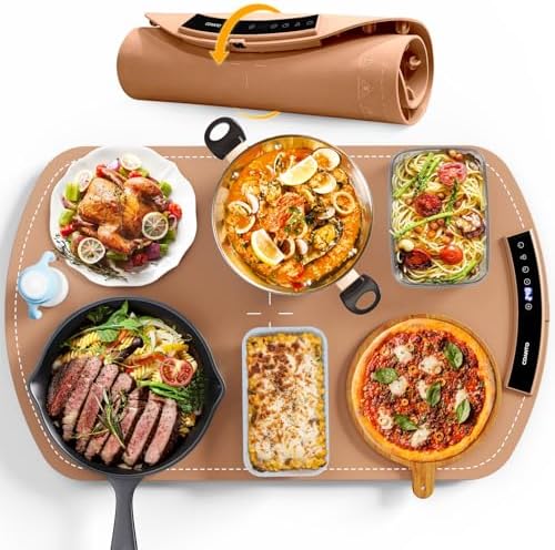 Food Warming Mat, Electric Warming Tray for Buffets & Parties, Silicone Heating Mat for Food with 9 Temperature Settings, Roll-Up Storage, 25.8"x15.6", Brown