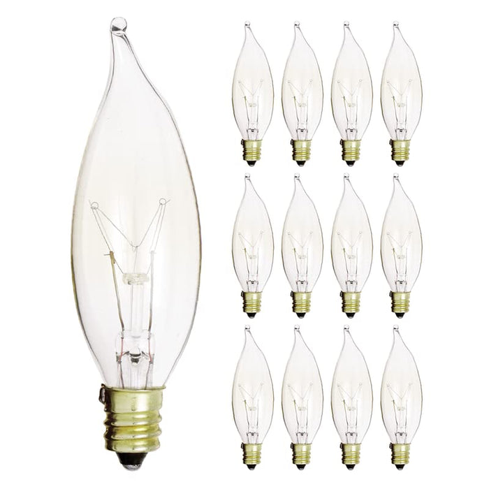 KOR (Pack of 12) 25-Watt Clear Candelabra Base (E12) Flame Tip 120V Decorative Dimmable 25W Chandelier Lights Bulbs