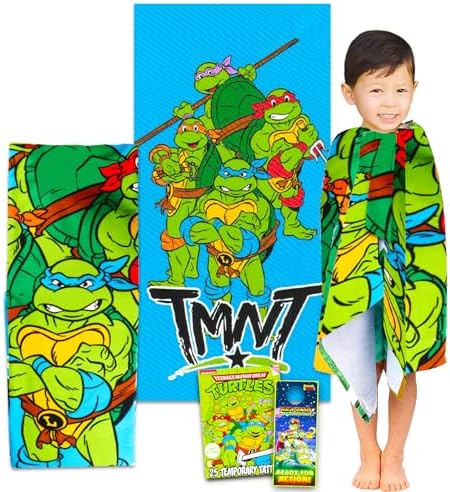 Teenage Mutant Ninja Turtles Bath Towel Set for Kids - Bundle with 27" x 54" Beach Towel Plus Tattoos, More | TMNT Bathroom Pack for Boys