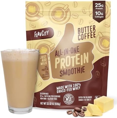 FlavCity Protein Powder Smoothie, Butter Coffee - 100% Grass-Fed Whey Protein Powder Shake with Collagen (25g of Protein) - Gluten Free & No Added Sugars (33.02 oz)