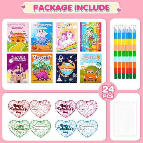 digi Valentines Day Gifts for Kids, 24 Pack Coloring Books with Colorful Valentines Day Cards , Classroom Exchange Party Favors for kids Over 3 years old