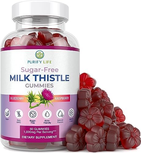 Purify Life Sugar-Free Milk Thistle Gummies for Liver Cleanse, Detox & Cell Repair (1000mg/serv) Cardo Mariano, Milk Thistle Extract & Antioxidant Support, Vegan, Replaces Pills & Capsules