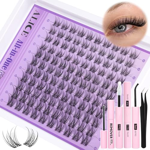 ALICE Natural Lash Extensions Kit Invisible Band Lash Clusters Kit Wispy10-14mm Eyelash Extensions C Curl Individual Cluster Lashes Kit with Lash Remover DIY at Home