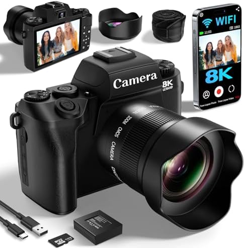 Saneen 8K Vlogging Camera - 64MP WiFi Touch Screen with Flash, 32GB Card, 3000mAH Battery, Front & Rear Cameras, Hot Shoe Interface for Beginners