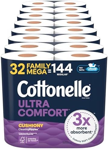 Cottonelle Ultra Comfort Toilet Paper with Cushiony CleaningRipples Texture, 32 Family Mega Rolls (32 Family Mega Rolls = 144 Regular Rolls) (8 Packs of 4), 296 Sheets per Roll
