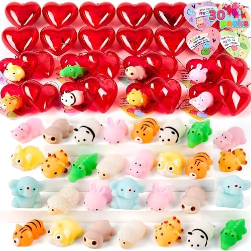 JOYIN 30 Packs Heart Gift Cards with Mix Critter Mochi Squishy Toys and Heart Shells, Stress Relief Fidget Toys, Squeeze for Kids Party Favors and Classroom Exchange