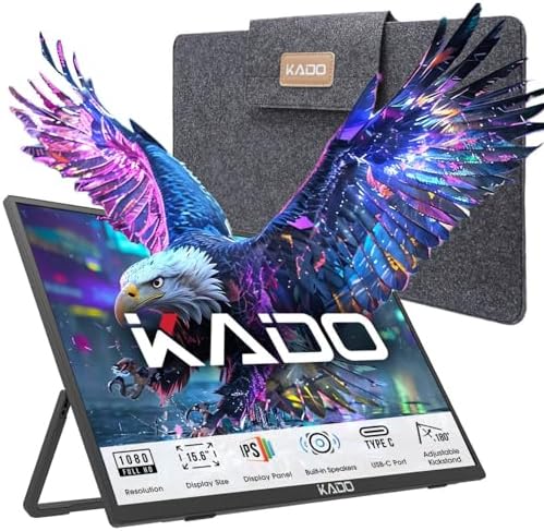 Kado Portable Monitor 15.6'' FHD 1080p, USB-C HDMI Gaming Monitor Ultra-Slim IPS Display Built-in Speakers, External Monitor 180° Kickstand Wall/Arm Mount for Laptop PC Phone Mac Xbox PS4/PS5 Switch