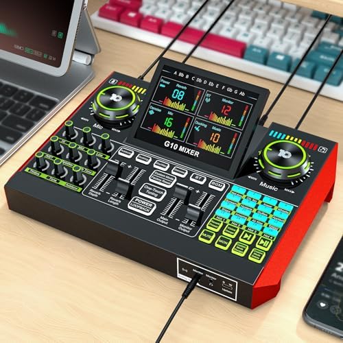 Audio Mixer, Sound Board for Pc/Phone Live Streaming Singing Gaming, Sound Mixer for 3.5mm/Xlr Dynamic/48V Microphone, Live Sound Card with DJ Mixer Effects & Voice Changer, Denoise, One Click Mute