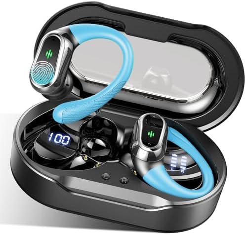 Wireless Earbuds, Bluetooth 5.4 Headphones Sport, Bluetooth Earbuds with ENC Noise Canceling Mic, 50H Stereo Wireless Headphones IP7 Waterproof with Earhooks, Dual LED Display for Running, Light Blue