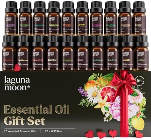 Essential Oils Set - Top 20 Gift Set Oils for Diffusers, Humidifiers, Massages, Aromatherapy, Candle Making, Skin & Hair Care - Peppermint, Tea Tree, Lavender, Eucalyptus, Lemongrass (10mL)