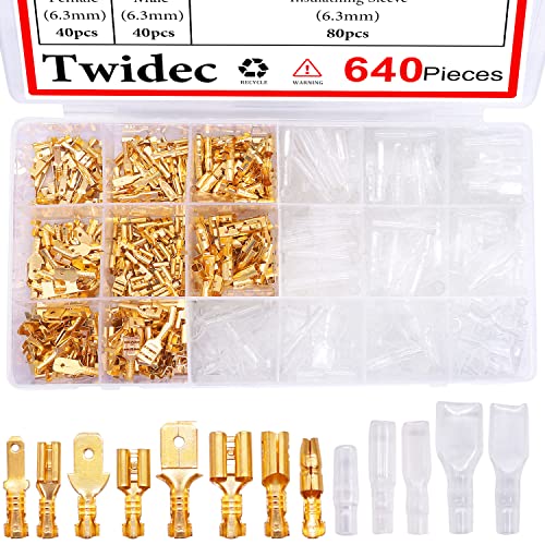 Twidec/640Pcs 2.8/4.8/6.3mm Quick Splice Male and Female Wire Spade Connector Crimp Terminal & Bullet Connectors Terminals Crimp Block Kit Golden with Insulating Sleeve Wiring Car Speaker N-001