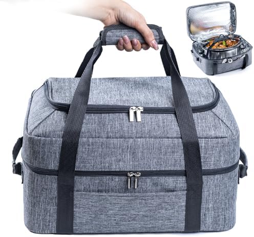 BAGSPRITE Double-Layer Slow Cooker Carrying Bag for 6-8 Quart CrockPot and Hamilton Beach Slow Cooker, Travel Bag with Lid Fastener for Crock-pot, Portable Carrier Case Slow Cooker Bag, Grey