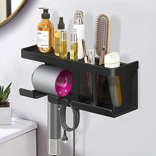 Hair Dryer Holder, Blow Dryer Organizer, Hair Dryer Holder Wall Mounted with Shelf for Bathroom, Salon, Bedroom Organizers & Storage(Matte Black)