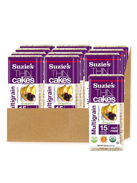 Suzie's Organic Multigrain Rice Cake Thins|Pack of 12|USDA Organic, NON-GMO, Fat-Free, Sugar-Free, Gluten-Free|Low-Calorie Snack-16 Calories Per Slice|Bread & Cracker Replacement