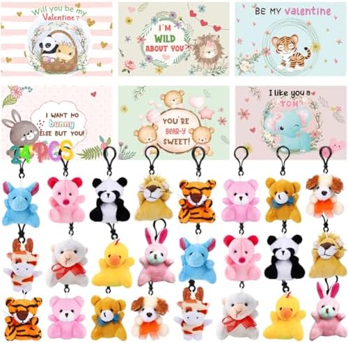 24 Pack Valentines Day Animal Plush Keychain with Valentines Cards, Stress Relief Plush Toy Animal Key Chain Set for Kids Valentine's Classroom Gift Exchange, School Rewards, Party Favors Supplies
