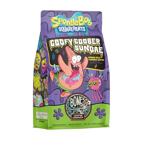 Bones Coffee Company Spongebob Goofy Goober Sundae Flavored Coffee Beans, Whole Bean Coffee Medium Roast Low Acid, Banana Split Flavor (12 oz)