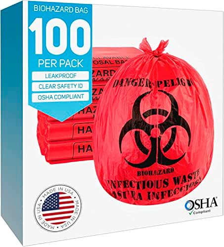 Biohazard Waste Bags, 10-Gallon, 100 Count, Red, No Leak Bags, Medical Grade, Safe Infectious Waste Disposal