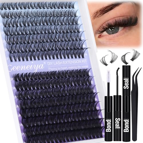 Geeneiya Natural Lash Clusters Kit 30D+50D Wispy Lash Extension Kit 10-18mm Cluster Eyelash Extensions Kit Natural Individual Lashes with Waterproof Lash Bond and Seal, Lash Tweezers (300Pcs)