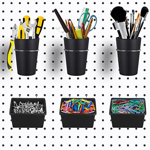 6 Sets Pegboard Bins Pegboard Cups with Hooks, Pegboard Hooks Assortment, Hooks for Pegboard Cup Holder for Organizing Accessories Tools Storage Office Workshop Garage Workbench Black
