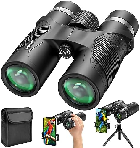 Binoculars for Adults Hunting Bird Watching - WELLNEC 12x42 HD 367/1000yds Binoculars High Powered with BaK4 Prisms Pro Birding Bird Watching Hunting Binoculars, Phone Adapter, Tripod