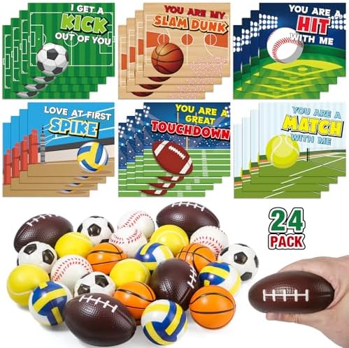Letapapa 24 Pack Valentines Day Cards for Kids with Sports Squeeze Balls, Valentines Day Gifts for Kids Classroom, Valentines Exchange Cards for Kids, Valentines Party Favors, School Classroom Prize