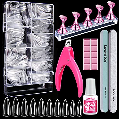 Teenitor Clear Stiletto Nail Tips Full Cover, Long Stiletto Nails Tips For Acrylic Nails, 600pcs Almond Stiletto Shape Fake Nails Tips With Glue, Acrylic Nail Clipper, Nail Stand Clear Glue On Nails