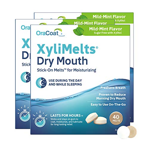 OraCoat XyliMelts Dry Mouth Relief Moisturizing Oral Adhering Discs 40 Count, 3 Pack, Mild Mint with Xylitol, for Dry Mouth, Stimulates Saliva