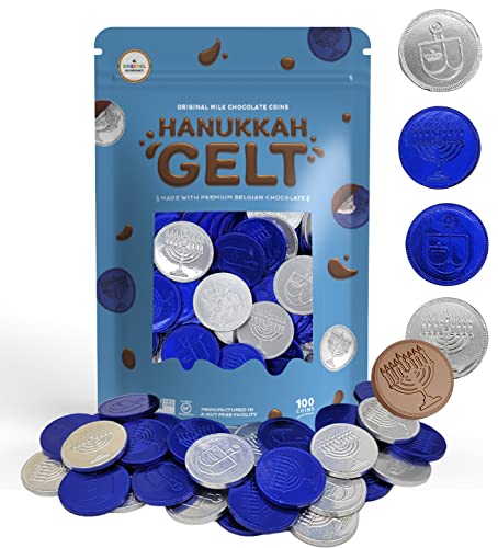 The Dreidel Company Milk Chocolate Coins, Hanukkah Gelt, Blue And Silver Coins, Made with Premium Belgian Chocolate, Nut-Free, Gluten-Free, Non-GMO, Kosher Certified Dairy (100-Pack)