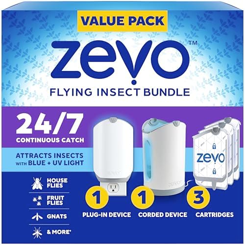 Zevo MAX Bug Catcher & Fly Trap for Indoors - Flying Insect Trap for Gnats, House & Fruit Flies - Use in Any Room - No-Mess Disposal (2 Plug in Bases & 3 Cartridges)