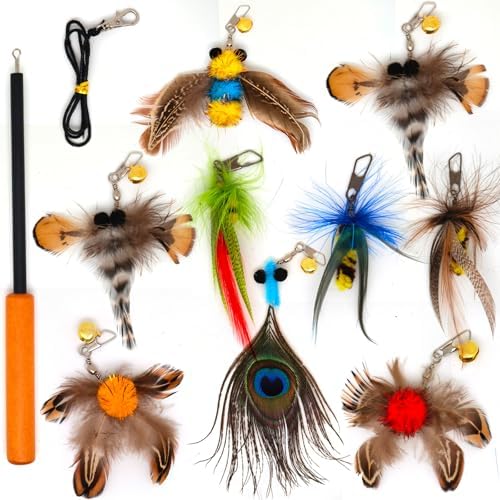 Interactive Cat Toys - 10 PCS Cat Retractable Wand Toy and Feather Toys Refills, Cat Enrichment Toys for Indoor Cats,Feather Cat Toys on a Stick,Cat Toy Small Feather Insects