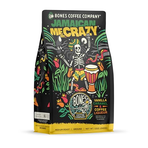 Bones Coffee Company Jamaican Me Crazy Flavored Coffee Beans, Medium Roast Ground Coffee Low Acid, Coffee Liqueur Flavor (12 oz)