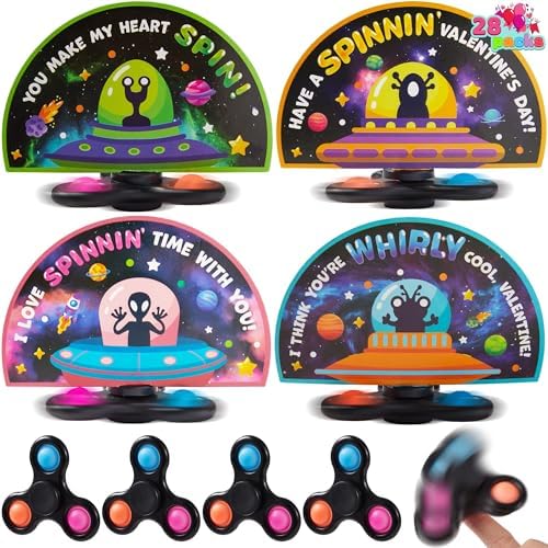 JOYIN 28 Packs Valentines Cards with Alien Style Fidget Spinner for Kids, Stress Relief Hand Finger Spinner Fidget Toy for Classroom Exchange, Valentine's Party Favors, Party Game Prizes for Kids